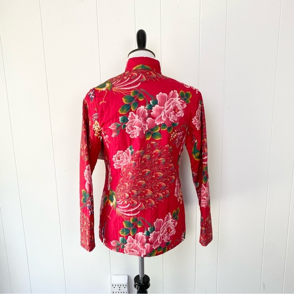 VTG Floral Peacock Mandarin Collar Jacket M 18”PTP Red Boho Chic Retro Artsy - Picture 2 of 16